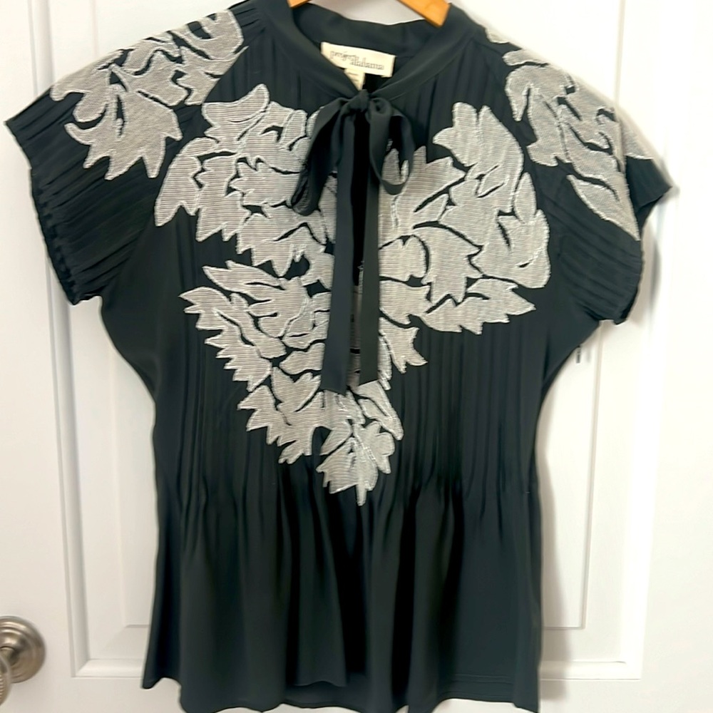 Gray silk top with embroidery neck tie